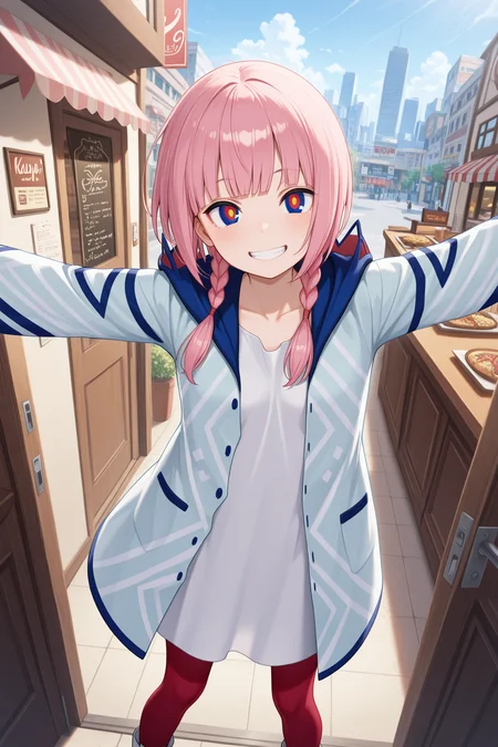 masterpiece, best quality, amazing quality, 

kaf \(kamitsubaki studio\), multicolored eyes, blue eyes, red eyes, yellow eyes, pink hair, long hair, blunt bangs, sidelocks, low twin braids, small breasts, white shirt, oversized shirt, blue jacket, hooded jacket, hood down, open jacket, long sleeves, red pantyhose, white footwear, boots, 

outdoors, sky, city, building, shop, restaurant, window, door, 

1girl, looking at viewer, happy, excited, smile, clenched teeth, dynamic pose