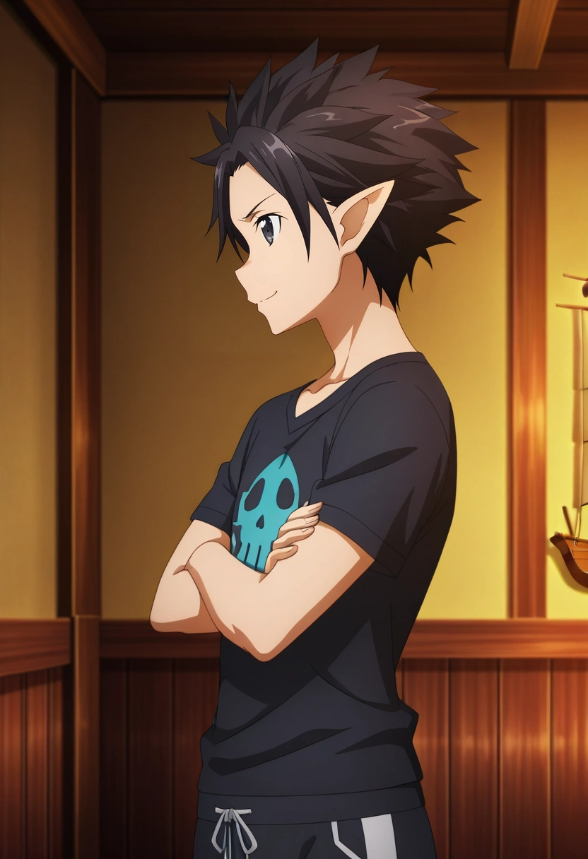masterpiece, best quality, , anime screencap, anime coloring, official style, , 1boy, solo, male focus, <lora:kazuto_kirigaya_ilxl:0.98>, kazuto_kirigaya_alo, black hair, black eyes, short hair, pointy ears, spiked hair, sao-alo, kirito \(sao-alo\), profile, pirate ship, indoors, light, crossed arms, giggling, Athletic shorts, Graphic T-shirt, , ,