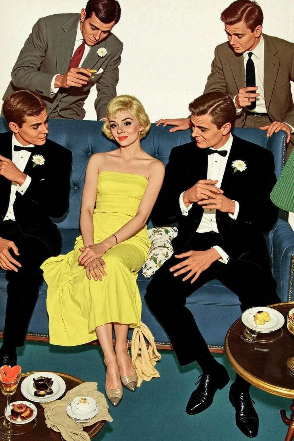 kard1 illustration
There are five people, four men and one woman, gathered around a plush, dark
blue sofa. A blonde woman, seated on the sofa, wears a bright yellow evening gown, her hair styled in a classic bob. She appears relaxed and engaged, looking at the man sitting closest to her.
Two men are sitting on the sofa beside her, while two other men are standing.
The men are dressed in formal attire from the 1940s, including suits, ties, and vests.
<lora:kard1_cap_d6a3:1.0><lora:816534074220074332:0>