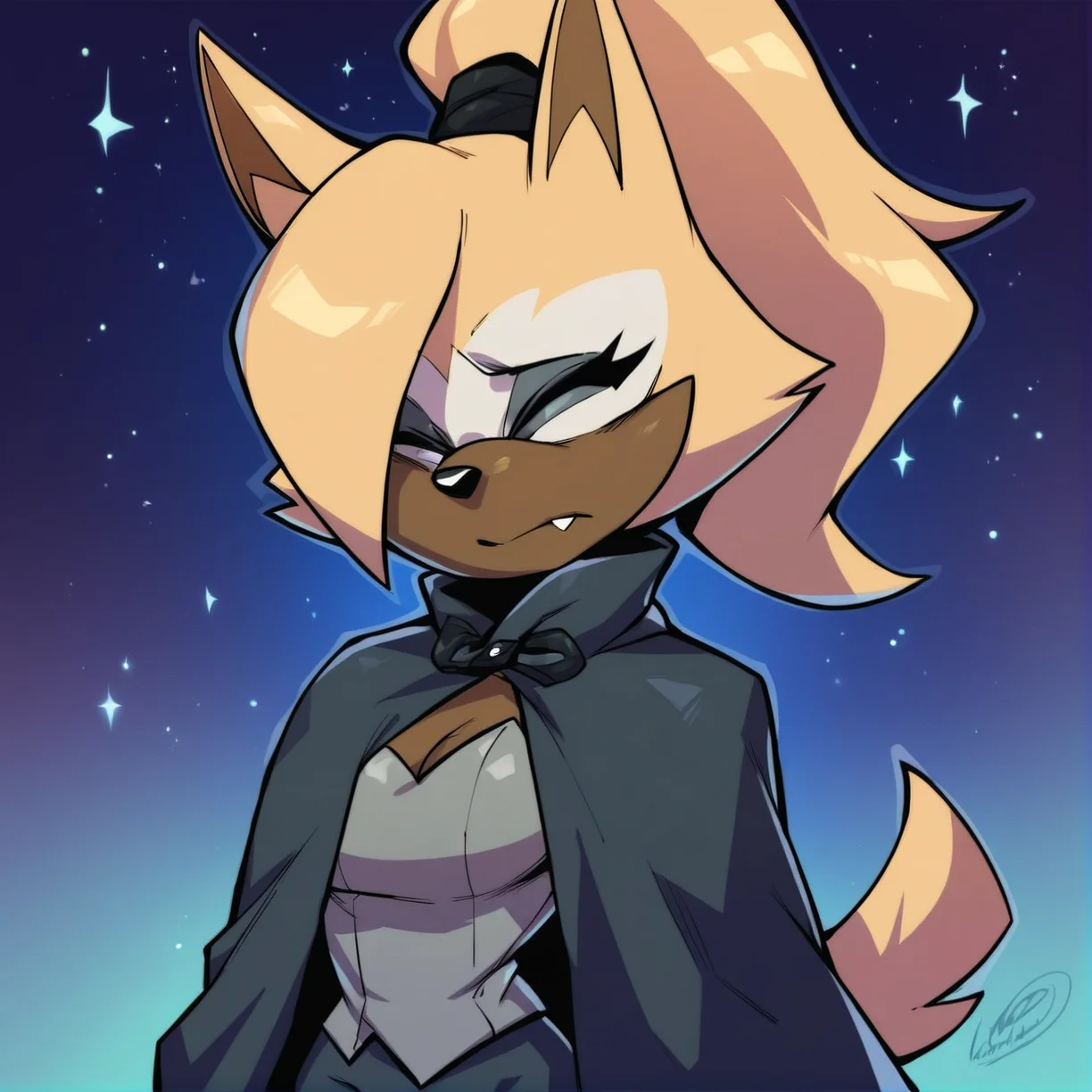 <lora:Whisper_the_Wolf_PonyXL:0.65>, whisperwolf, whisper the wolf, score_9, score_8_up, score_7_up, score_6_up, score_5_up, score_4_up, source_furry, source_cartoon, rating_safe, anthro, wolf, clothed, clothing, breasts, female, mobian, standing, detailed background, under a starry sky , sonic the hedgehog \(series\), leaning on furniture