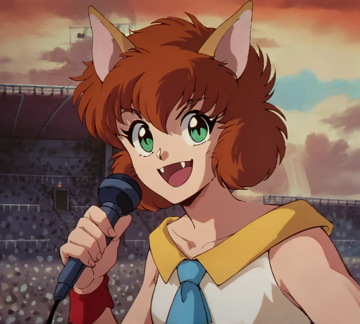 Koto, zPDXL, best quality, amazing quality, score 9, 1girl, microphone, holding microphone, excited, smile, open mouth, leaning forward, looking at viewer, <lora:Koto:0.8>