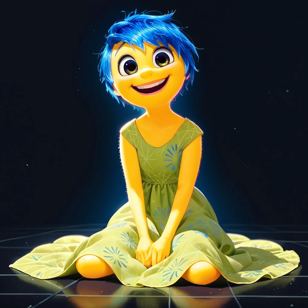 score_9, score_8_up, score_7_up, score_6_up, score_5_up, score_4_up, rating_questionable, JoyEmotion, glowing, 1girl, sitting on the floor, looking at viewer, blue hair, yellow skin, black background, loose dress, open mouth smile