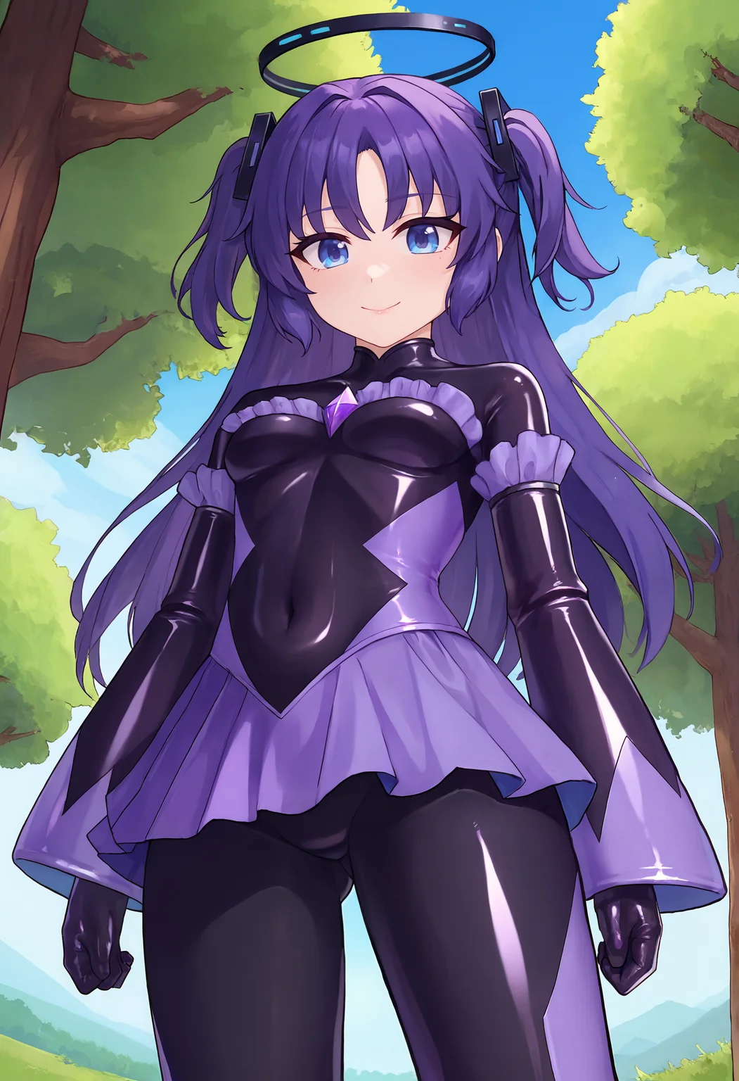 zPDXL, 1girl, solo, BREAK
hayase yuuka, two side up, halo,
black badend-bodysuit, purple skirt, purple frills, purple gem, latex bodysuit,
cowboy shot, from below,
outdoors, tree, blue sky,
<lora:bad-end-ot14-1701:0.8> <lora:yuuka-ponyxl-kohya3:0.8>