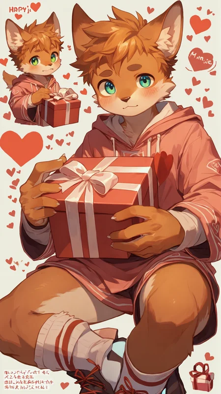 core_9, score_8_up, score_7_up,[16s],by niji6,
[young  furry boy,young_furry],anthro male cub, cute juvenile furry, blushing face, shy demeanor, holding a valentine gift, surrounded by hearts, soft lighting, playful pose, innocent expression, detailed fur, expressive eyes, romantic setting, childlike charm, Japanese illustration style, candid moment,
<lora:hinaTuningFaceDetailer_SDXL-v2-rank256-pruned:0.5>,
<lora:perfect-eyes:1> perfecteyes
<lora:XDetail_light:1>,
<lora:add-detail-xl:2>,
<lora:MJ52_v2.0:0.7>,
boring_sdxl_v1,
zPDXL3