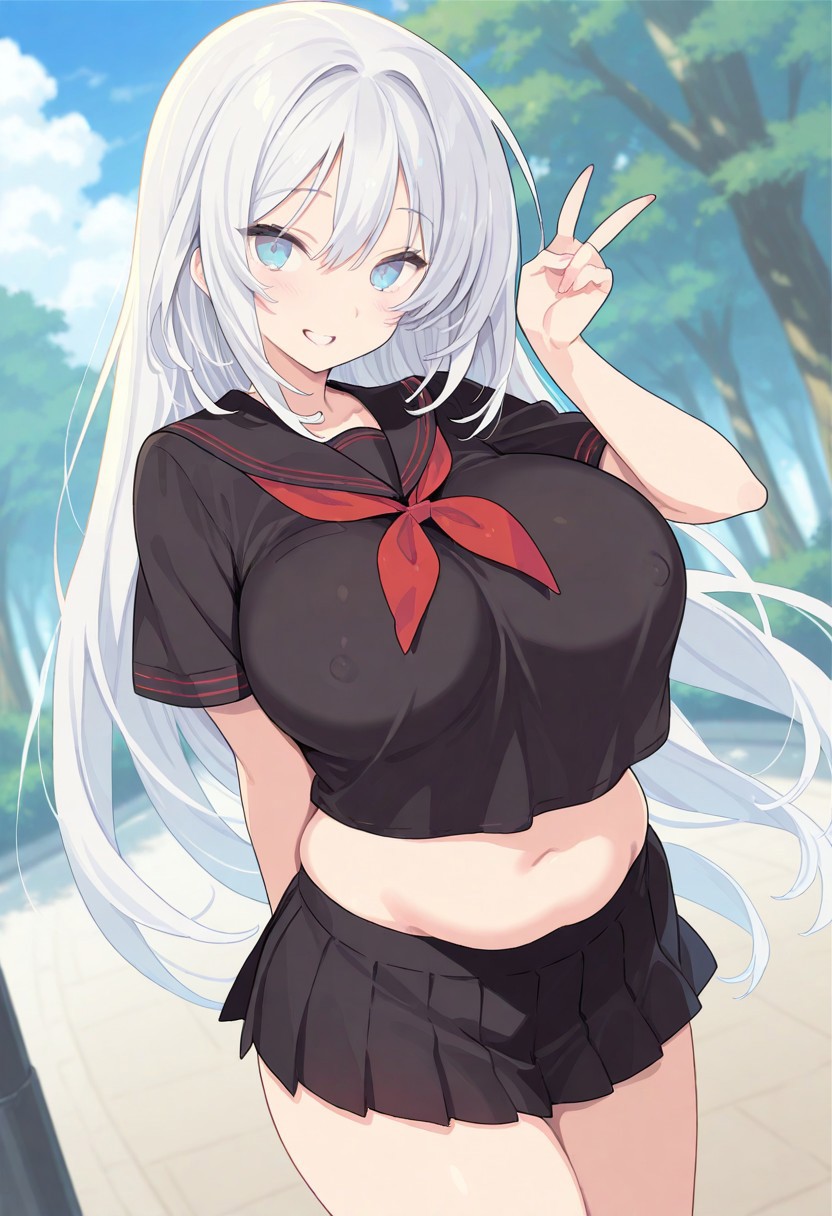 1girl, solo, female, large breasts, round face, huge breasts, plump body, white hair, long hair, blue eyes, smile, V, BREAK erect nipples trough clothes, serafuku, black shirt, black skirt, miniskirt, sailor collar, red ribbon, navel, BREAK school, outdoors, colorful, posing, artistic shot, angle view, BREAK ((ultra-detailed)), ((best quality)), ((beautiful eyes)), ((extremely detailed)), 4K, (8K), best quality, (beautiful), Master piece, highres, best quality, official art, highres, masterpiece, detailed background, high quality background,