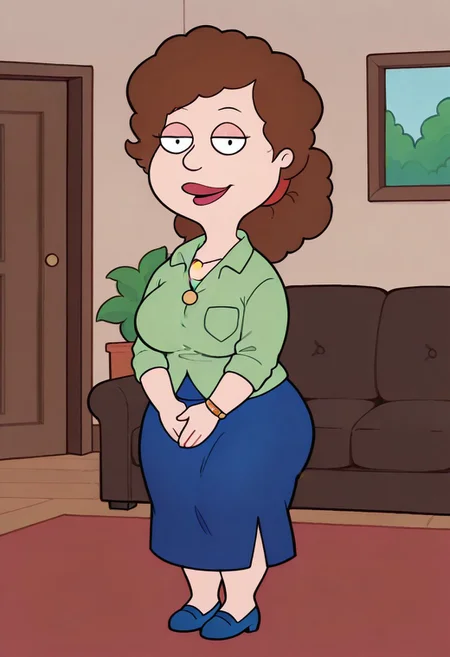 score_9, score_8_up, score_7_up, score_6_up, high quality, rounded eyes, style parody, cartoon style, 1girl, solo, living room, couch, indoors,
BREAK
unnamed girl, brown hair, black eyes, (mature female:1.5), (plump:1.2), large breasts, gigantic ass, gigantic hips, green sweater, rolled up sleeves, blue skirt, navy blue shoes, own hand together, smile, looking at viewer, long skirt, half-closed eyes, necklace,