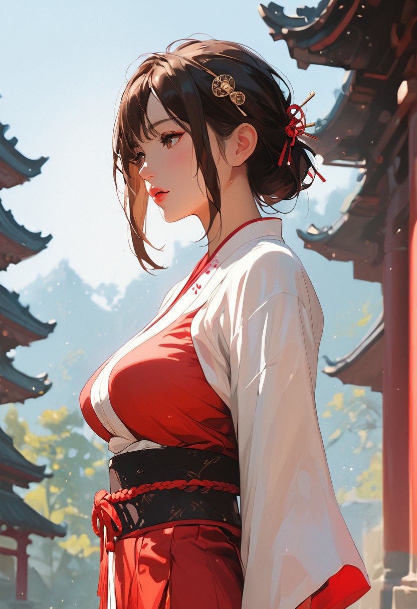 masterpiece,best quality, highly detailed, score_9, score_8_up, score_7_up, score_6_up, source_cartoon,
 BREAK
1girl, perfectly sagging breasts, white porcelain like skin, blurry background, curvaceous body, brown hair, japanese temple, temple background, fully clothed, hairpin, Miko clothing, from the side
,dynamic angle,dynamic light,background,