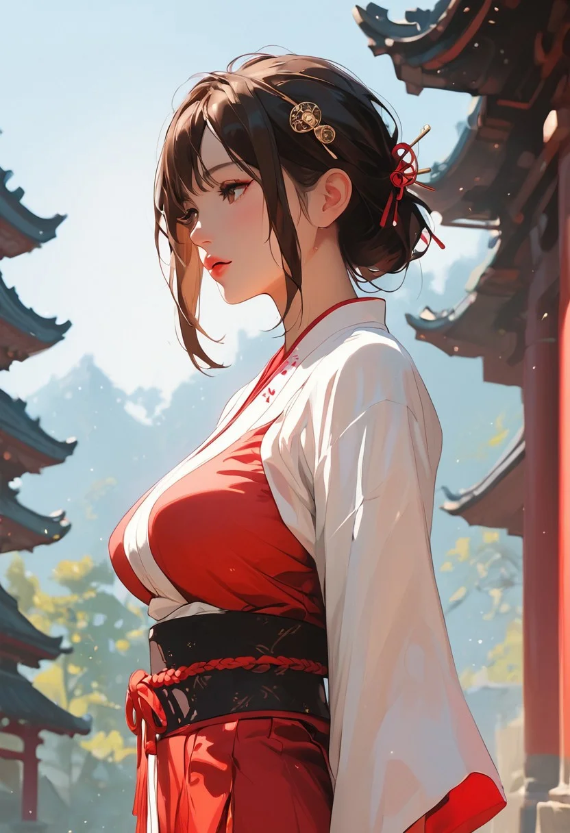 masterpiece,best quality, highly detailed, score_9, score_8_up, score_7_up, score_6_up, source_cartoon,
BREAK
1girl, perfectly sagging breasts, white porcelain like skin, blurry background, curvaceous body, brown hair, japanese temple, temple background, fully clothed, hairpin, Miko clothing, from the side
,dynamic angle,dynamic light,background,