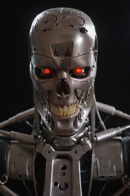 T800_Endo, Terminator robot, score_9, score_8_up, score_7_up, (source_IRL, source_movie), cinematic, realistic, masterpiece, high quality, highres RAW photo, ((extreme close-up, close-up shot, close-up head shot, front view))
a T800_Endo Terminator Robot with red eyes, he is made of metal, he is made of shiny chrome metal, new, clean, <lora:T800_Endo_Terminator_Pony-000010:1>
(standing)
black background
dynamic lighting, highly detailed, intricate details
