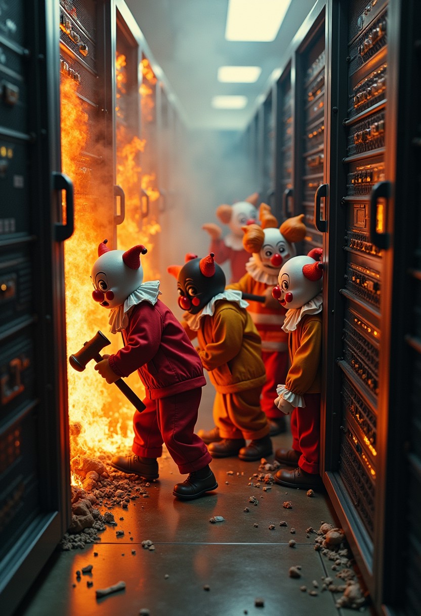 photograph of a bumbling group of little people clowns holding hammer that are falling over each other trying to fix a burning and exploding server room