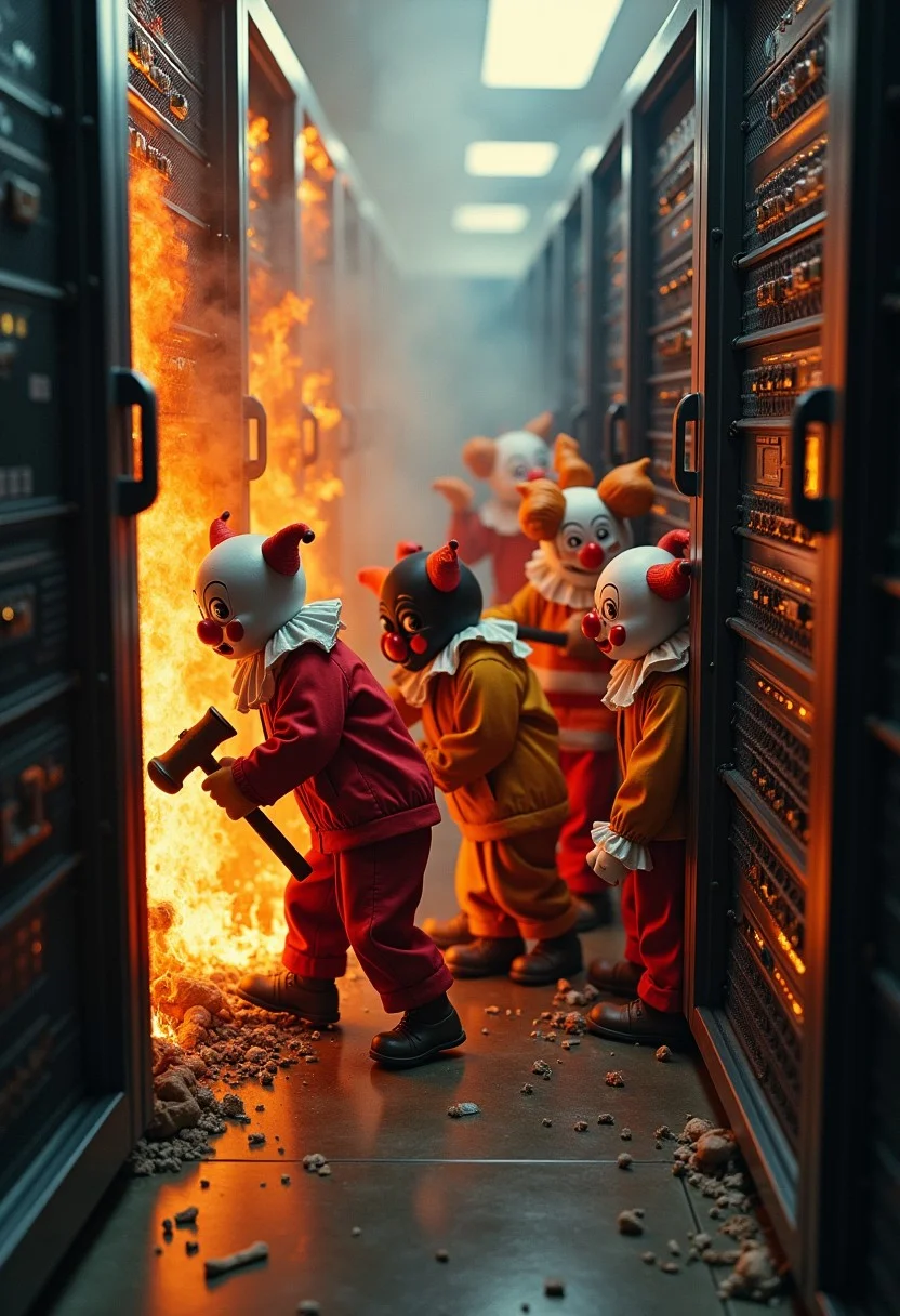 photograph of a bumbling group of little people clowns holding hammer that are falling over each other trying to fix a burning and exploding server room