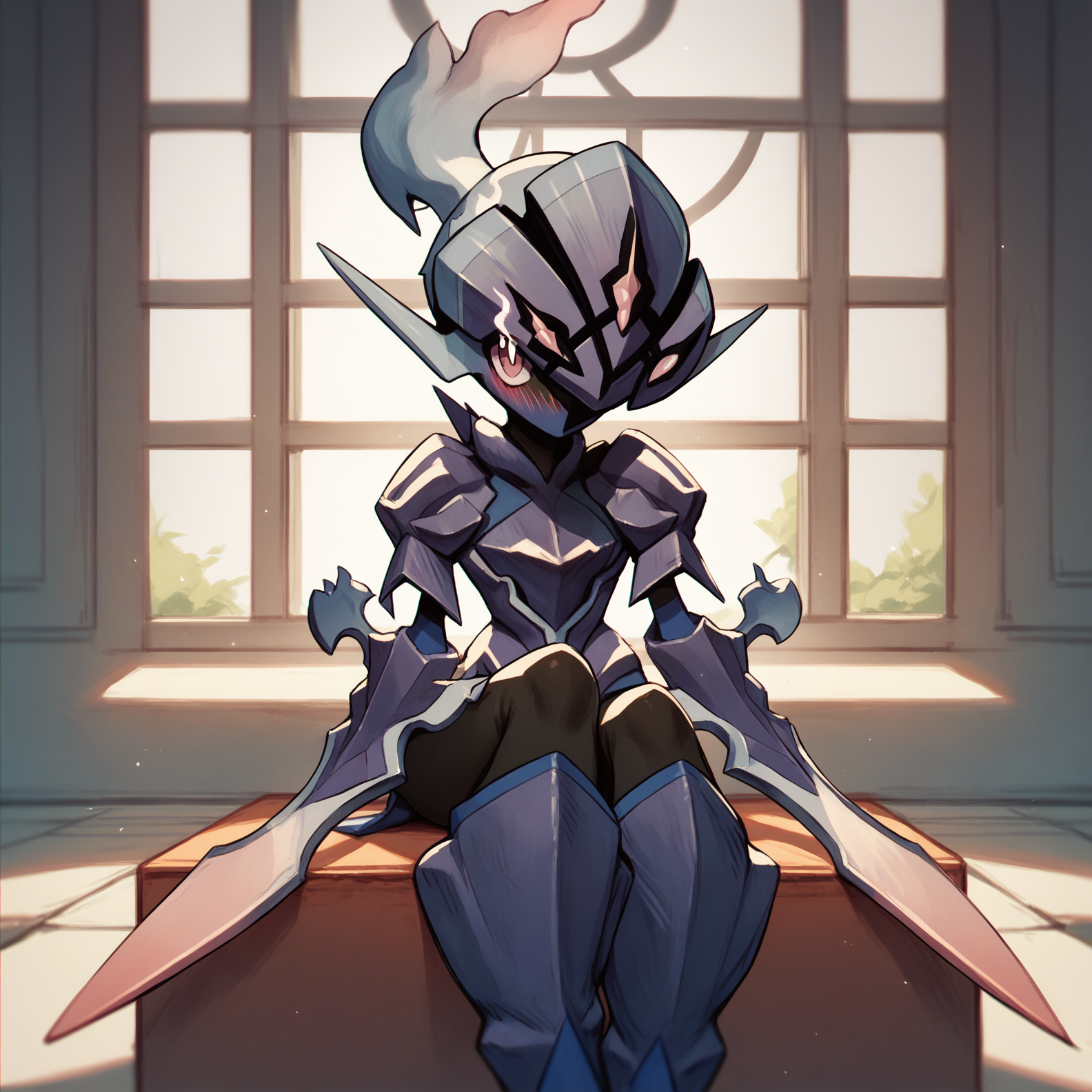 score_9, score_8_up, score_7_up, score_6_up, score_5_up, indoors, BREAK
<lora:CeruledgePDXL:1>,
1girl (ceruledge:1.1), pokemon \(creature\), solo, standing, looking at viewer, blush, (arm_blade:1.1), sitting, looking at viewer