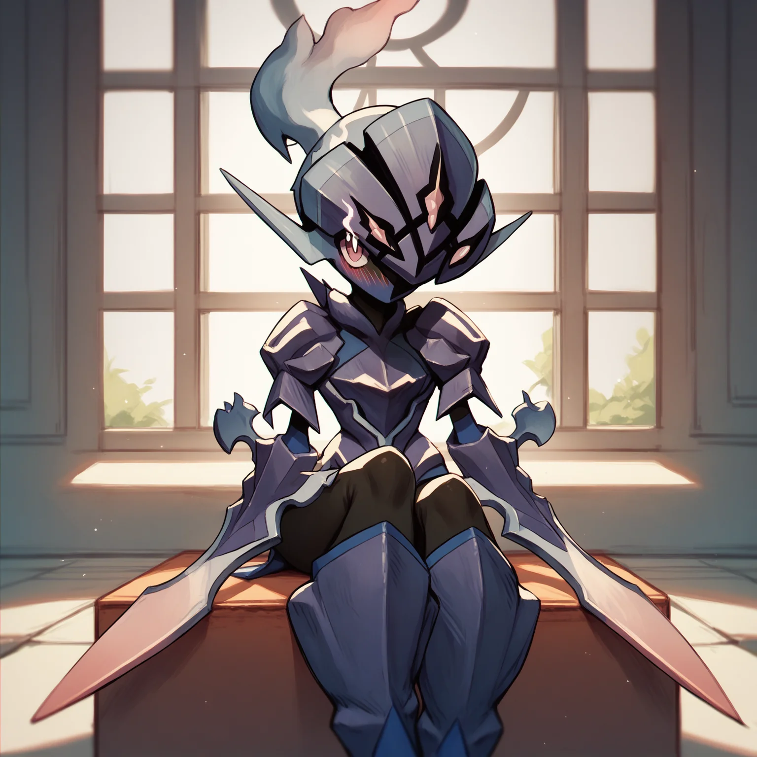 score_9, score_8_up, score_7_up, score_6_up, score_5_up, indoors, BREAK
<lora:CeruledgePDXL:1>,
1girl (ceruledge:1.1), pokemon \(creature\), solo, standing, looking at viewer, blush, (arm_blade:1.1), sitting, looking at viewer