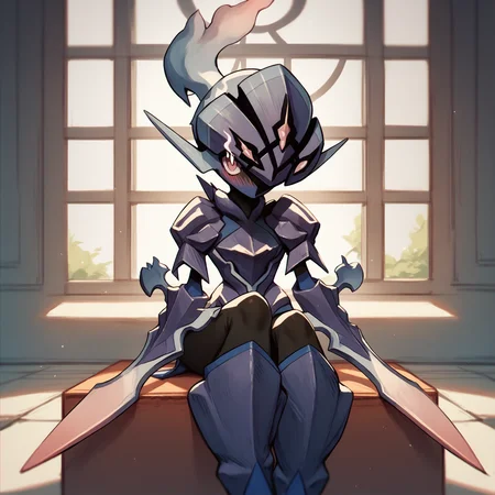 score_9, score_8_up, score_7_up, score_6_up, score_5_up, indoors, BREAK
<lora:CeruledgePDXL:1>,
1girl (ceruledge:1.1), pokemon \(creature\), solo, standing, looking at viewer, blush, (arm_blade:1.1), sitting, looking at viewer