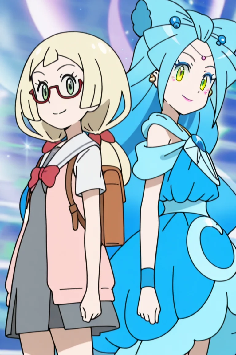 2girls, back-to-back, looking at viewer, smile,
<lora:lilie_v3:1> mag3ca gir7l,
BREAK,.
li7lie un7form,green eyes,long hair,blonde hair,tied hair,two pigtails,red glasses,gray school uniform,red bow,sailor collar, light pink open shirt,brown backpack,
BREAK,.
li7lie mag3cal,green eyes,blue hair,very long hair,yellow balls earrings,makeup,blue dress,blue wristbands,blue skirt,, masterpiece, high quality, absurdres, best quality, very aesthetic, newest,