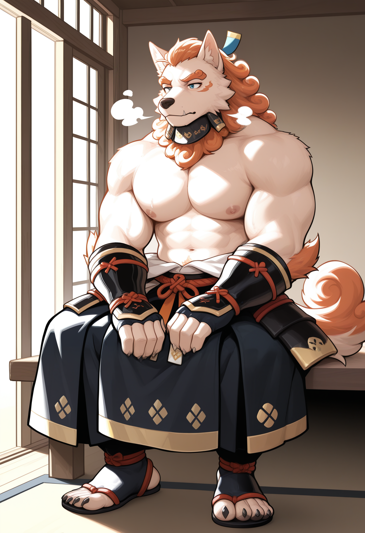masterpiece,best quality,amazing quality, 1boy, solo, t0y0, footwear, dog boy, samurai clothes, tail, armor, black gauntlets, inside, steamy, cooling off, topless, sitting,