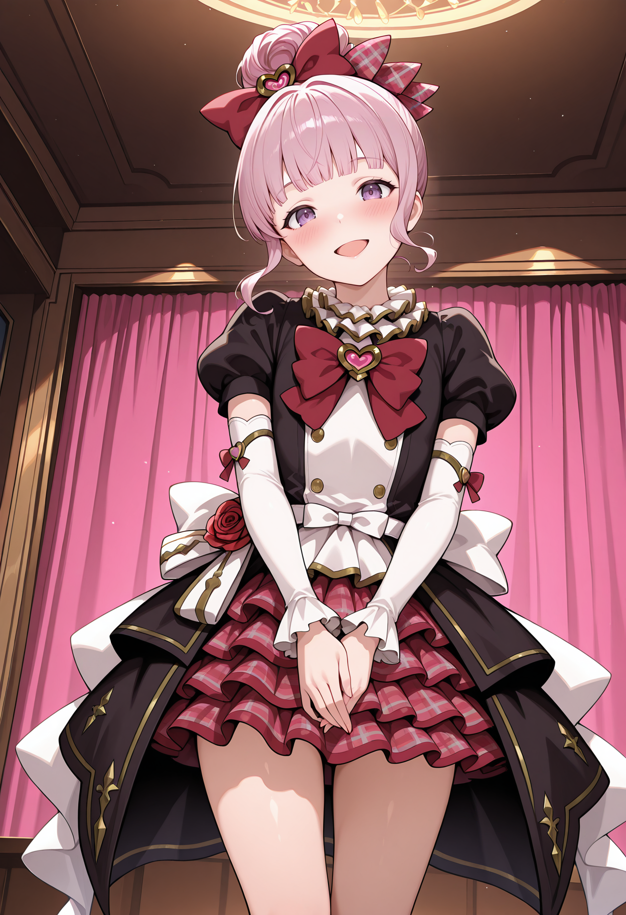 highres, best quality, masterpiece, indoors, stage,
1girl, solo, gbflinr, single hair bun, pink hair, sidelocks, purple eyes, flat chest, blunt bangs,
glinrdef, red bow, hair ornament, black dress, two-tone dress, frilled collar, red bowtie, heart brooch, puffy short sleeves, detached sleeves, white sleeves, layered sleeves, layered skirt, rose, plaid skirt, red skirt, thighs,
looking at viewer, blush, smile, open mouth,
standing, own hands together, head tilt,
<lora:_linaria_gbf-elesico-ilxlA:1>