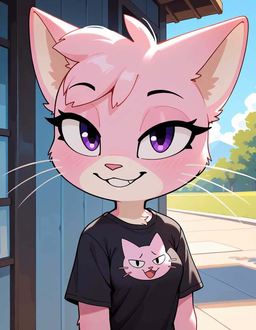 masterpiece, best quality, very aesthetic, absurdres,
outdoors, casual, 
upper body, headshot,
t-shirt, 
seductive smile, parted lips, long eyelashes,
 <lora:Jana_v01_NAIXL:1>
J4n4,1girl,solo,furry,furry female,cat girl,cat ears,purple eyes,animal nose,whiskers,body fur,two-tone fur,pink fur,white fur,