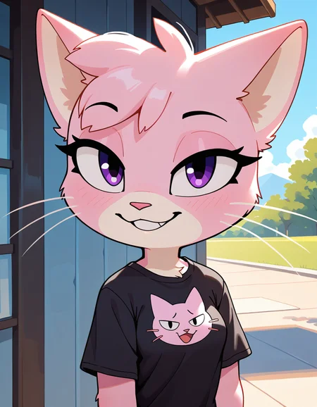 masterpiece, best quality, very aesthetic, absurdres,
outdoors, casual,
upper body, headshot,
t-shirt,
seductive smile, parted lips, long eyelashes,
<lora:Jana_v01_NAIXL:1>
J4n4,1girl,solo,furry,furry female,cat girl,cat ears,purple eyes,animal nose,whiskers,body fur,two-tone fur,pink fur,white fur,