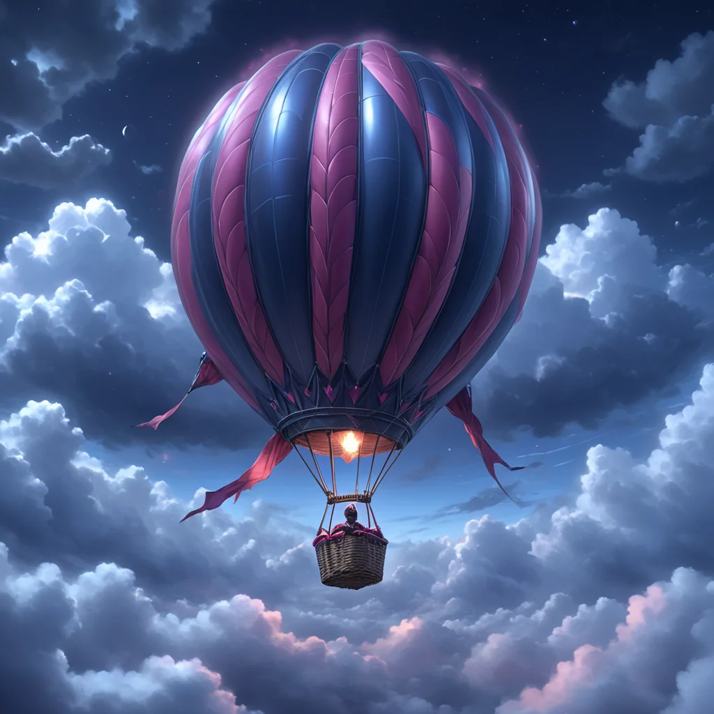 <lora:Crimson_LuminarySDXL:1> ArsMJStyle, Crimson Luminary, The image shows a hot air balloon flying through a cloudy sky with a person in the balloon creating a beautiful and animated scene., cloud, sky, cloudy sky, no humans, night, flying, outdoors, aircraft, fantasy, above clouds