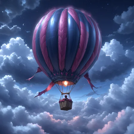 <lora:Crimson_LuminarySDXL:1> ArsMJStyle, Crimson Luminary, The image shows a hot air balloon flying through a cloudy sky with a person in the balloon creating a beautiful and animated scene., cloud, sky, cloudy sky, no humans, night, flying, outdoors, aircraft, fantasy, above clouds