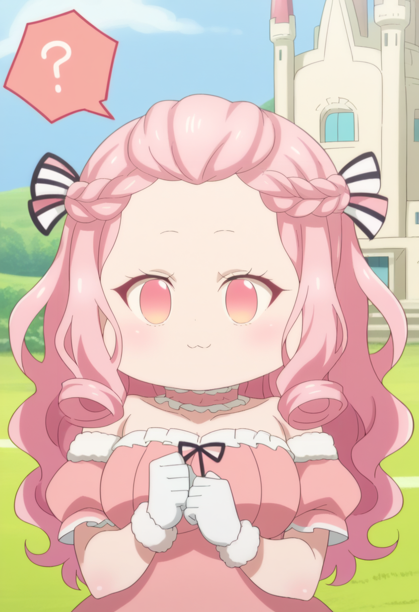 score_9, score_8_up, score_7_up, source_anime BREAK  cowboy shot, looking at viewer, solo, 
<lora:AliezeDwnstyPdxl:1>, Alieze_def, pink eyes, pink hair, curly hair, french braid, sidelocks, forehead, Alieze_def, pink eyes, pink hair, curly hair, french braid, sidelocks, forehead, pink dress, white gloves, fur trim, frilled choker, off shoulder, puffy short sleeves, bare shoulders,
 smile, <lora:7thprinceChibiDwnsty-000008:1>, chibi,  7thprincechibi, no humans, no pupils, jitome, hand up, clenched hands, ^^^, :3, ^ ^, 
outdoors, grass, blue sky, castle, confused,