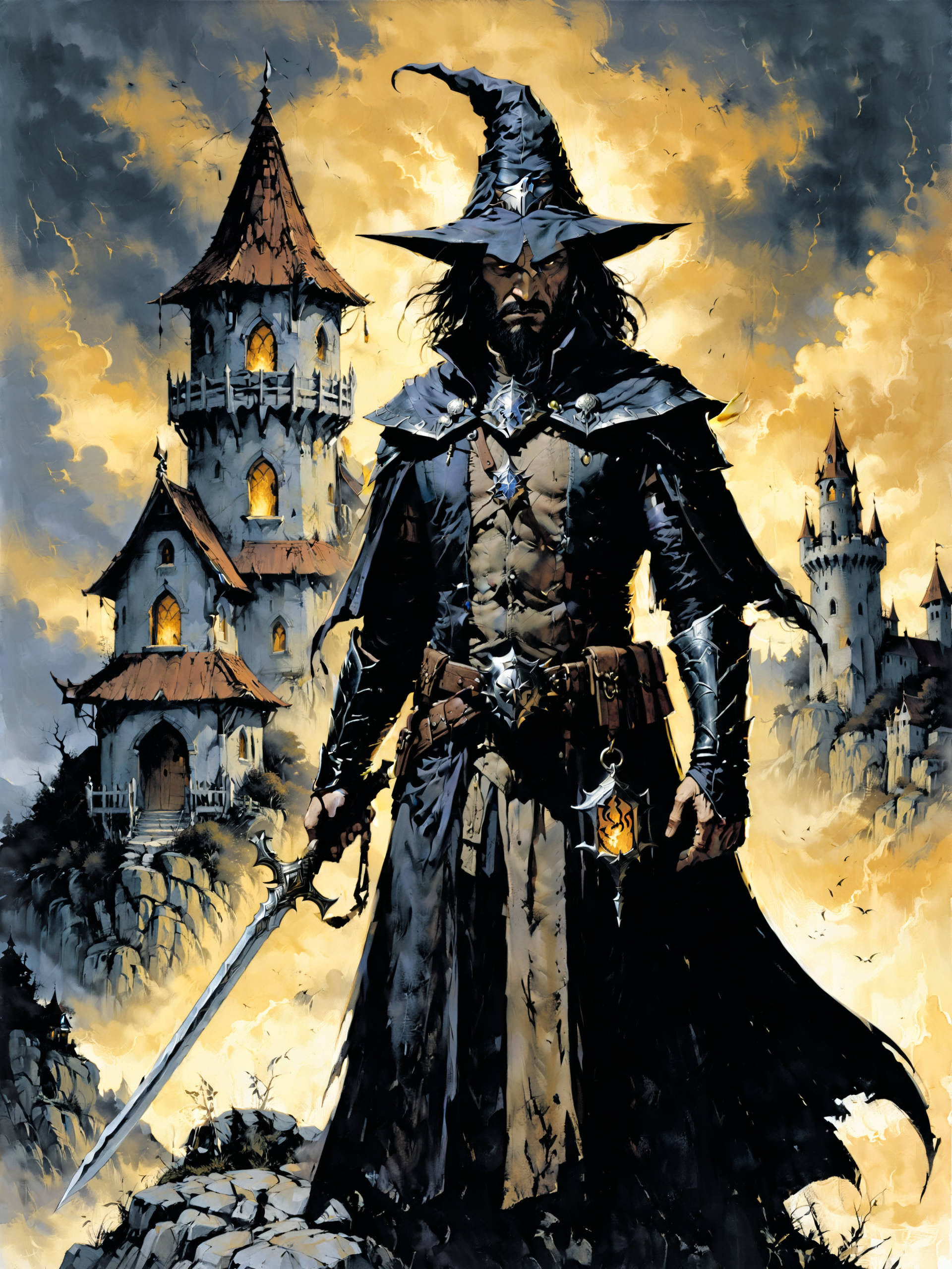 <lora:xl_more_art-full-xl:0.6> <lora:add-detail-xl:2.4> <lora:style-dark_novel-xl-by_andreac75:0.8> famous artwork by (gerald brom:1.2), in a faraway land of wonder lived (a mage:1.4), he challenged someone to a duel of wits, but his opponent didn't want to fight an unarmed man, he was proof that even gods make mistakes, it is said that opposites attract, which would mean he would one day be with someone intelligent, beautiful and well-mannered, dark wizard tower in the background