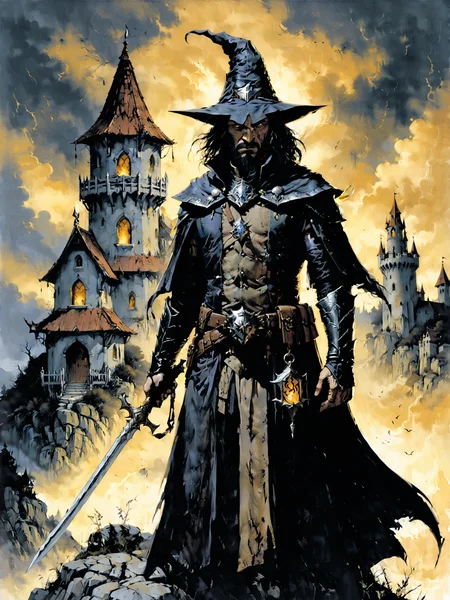 <lora:xl_more_art-full-xl:0.6> <lora:add-detail-xl:2.4> <lora:style-dark_novel-xl-by_andreac75:0.8> famous artwork by (gerald brom:1.2), in a faraway land of wonder lived (a mage:1.4), he challenged someone to a duel of wits, but his opponent didn't want to fight an unarmed man, he was proof that even gods make mistakes, it is said that opposites attract, which would mean he would one day be with someone intelligent, beautiful and well-mannered, dark wizard tower in the background
