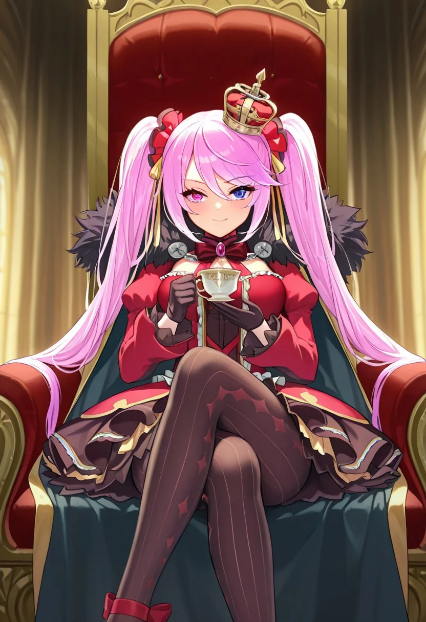 masterpiece, best quality, amazing quality, very aesthetic, high resolution, ultra-detailed, absurdres, newest, scenery, 1girl, solo,
slokai_illust, long hair, twintails, crown, heterochromia, gloves, dress, pink hair, pantyhose, gold and red fur-trimmed cape, sitting, legs crossed, holding tea cup
BREAK, detailed background, detailed hair, depth of field, photorealistic details, volumetric lighting