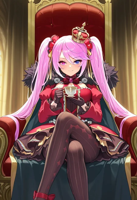 masterpiece, best quality, amazing quality, very aesthetic, high resolution, ultra-detailed, absurdres, newest, scenery, 1girl, solo,
slokai_illust, long hair, twintails, crown, heterochromia, gloves, dress, pink hair, pantyhose, gold and red fur-trimmed cape, sitting, legs crossed, holding tea cup
BREAK, detailed background, detailed hair, depth of field, photorealistic details, volumetric lighting