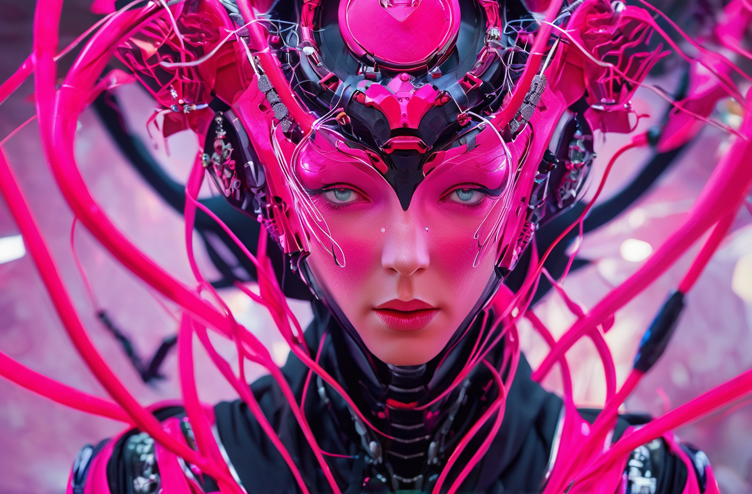concept art FN Concept, Concept map, cyber technology, ultra high definition face, describe this image in a very detailed manner. a woman with a contemplative expression is adorned in a futuristic red and black costume, featuring a complex helmet with a pink visor and a series of red and black wires. her face is painted in a striking pink and white pattern, with a subtle sparkle, suggesting a high-tech or cybernetic theme. the costume's detailed design and the woman's thoughtful demeanor evoke a sense of advanced technology and a deep connection with the digital world.<lora:FN_concept-000009:1>, . digital artwork, illustrative, painterly, matte painting, highly detailed