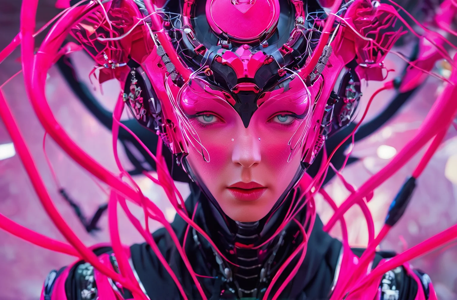 concept art FN Concept, Concept map, cyber technology, ultra high definition face, describe this image in a very detailed manner. a woman with a contemplative expression is adorned in a futuristic red and black costume, featuring a complex helmet with a pink visor and a series of red and black wires. her face is painted in a striking pink and white pattern, with a subtle sparkle, suggesting a high-tech or cybernetic theme. the costume's detailed design and the woman's thoughtful demeanor evoke a sense of advanced technology and a deep connection with the digital world.<lora:FN_concept-000009:1>, . digital artwork, illustrative, painterly, matte painting, highly detailed