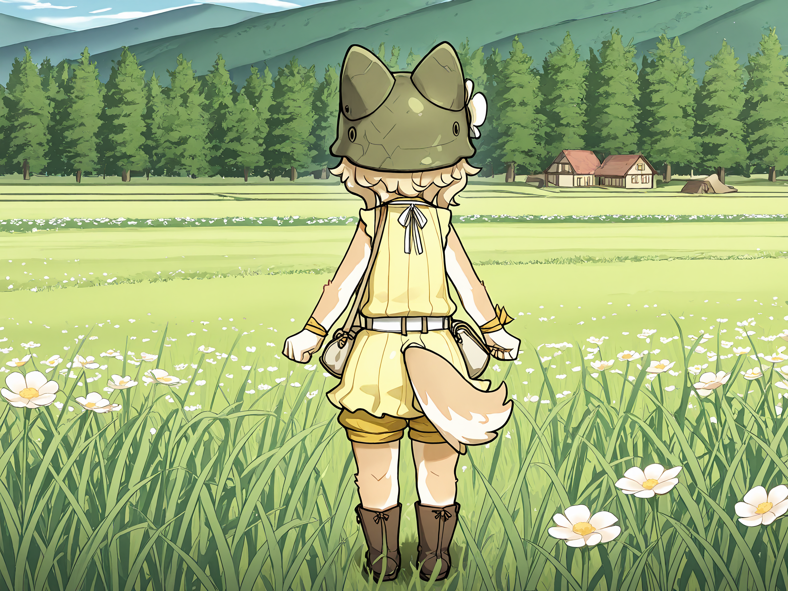 BREAK, <lora:Chick_Montblanc_Illustrious_V1:1>, Chick Montblanc, Fuga: Melodies of Steel, kemono, furry female, 1girl, dog girl, beige fur, white fur, multicolored fur, yellow eyes, blonde hair, short hair, animal ears, dog ears, dog tail, Fuga 2 Appearance, long hair,
BREAK, Fuga 2 Outfit, brown boots, yellow shorts, yellow dress, sleeveless, white ribbon, white belt, handbag, yellow neckerchief, wrist ribbon, helmet, flower on helmet,
BREAK, solo, full body, outside, rear view, meadow, grass, trees, village, standing