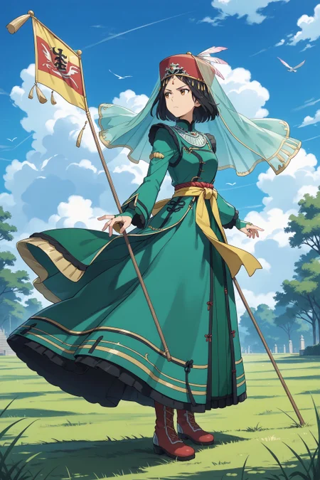 score_max, (score_9, score_8_up, score_7_up:1.0), score_6_up, official art,
, masterpiece, absurdres, high detail, 8k,
savannah, grass, tree, cloud, blue sky, wind, from side,
standing, wide stance, holding flag, large bject, serious, looking away,
dolma, black hair, forehead jewel, national costume, jewelry, hat, hat feather, emblem, yellow sash, veil, green dress, layered dress, long sleeves, long skirt, boots, fingerless gloves
<lora:XL_Pony_anime-lupin5-dolma-t1:1.0>