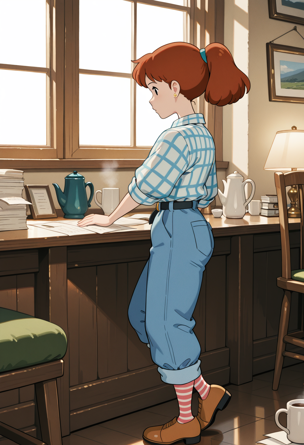 masterpiece, best quality, very aesthetic, absurdres, 1girl, solo,
<lora:fio_piccolo_v01:0.8>, fio_piccolo, fio_casual, brown hair, ponytail, black eyes,
stud earrings, plaid shirt, sleeves rolled up, shirt tucked in, black belt, blue pants, striped socks, brown footwear,
window, cup, lamp, paper, holding, mug, chair, from side, profile