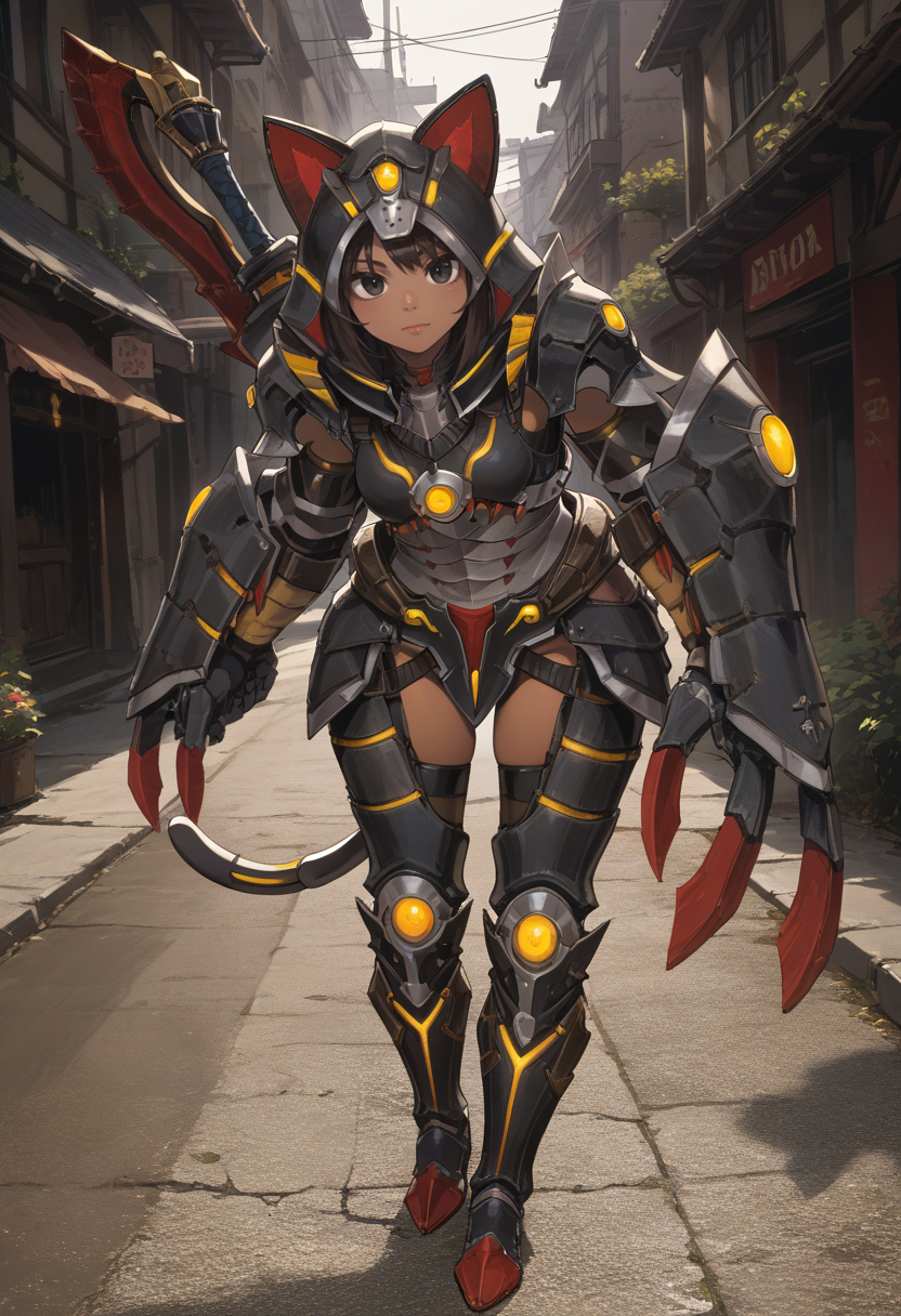 (score_9:0.9),score_8_up,score_7_up,rating_safe,anime style,(zPDXL),<lora:Almudron armor ponyXL v1:0.73>, 1girl, black mechanical cat tail, black cat hood, solo, dark-skinned female, huge weapon, black eyes, brown hair, full body, looking at viewer, holding weapon, black hair, closed mouth, almudron armor, bend over, full armor, black thigh armor, black knee boots, black claw gauntlets