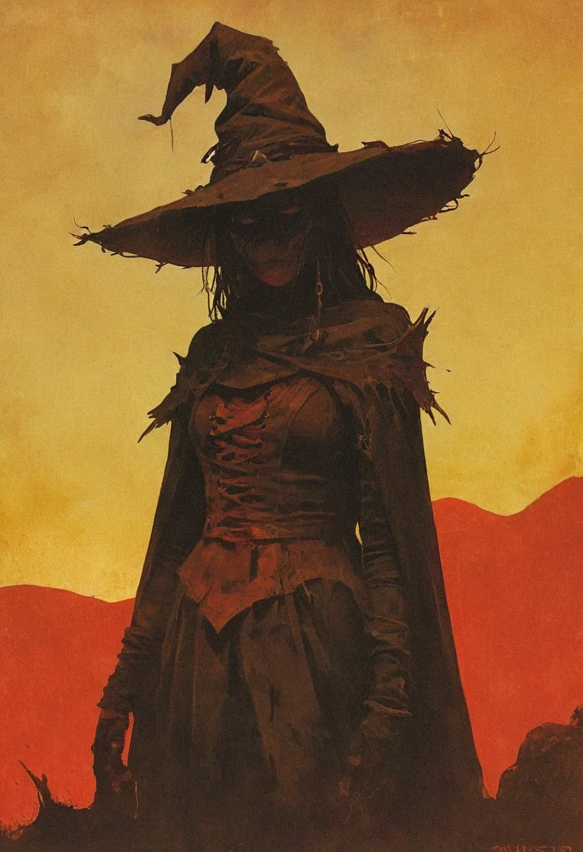 The Witch Smeller, perched atop a hill at dusk, scans the horizon for signs of witchcraft. The setting sun casts her imposing shadow far and wide, the silhouette of her hat and mask iconic against the fading light. Her lips, painted a fierce red, whisper incantations for protection.,
in the style of the decaying empire of Würstreich, dark magic and grotesque creatures abound, inspired by Sean Aaberg's punk aesthetic, dark fantasy world combines grim landscapes with vibrant, exaggerated colorful art, heroes skirmish monstrous foes in a setting where rebellion, decay, and mysticism intertwine, crafting a unique, immersive vibe
, the scene is captured in dimly lit dark fantasy but vibrant colors, with bold ink lines defining form against the watercolor wash of the aged paper