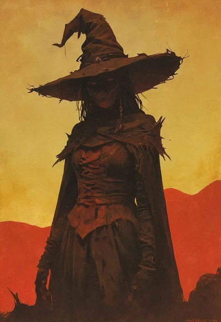 The Witch Smeller, perched atop a hill at dusk, scans the horizon for signs of witchcraft. The setting sun casts her imposing shadow far and wide, the silhouette of her hat and mask iconic against the fading light. Her lips, painted a fierce red, whisper incantations for protection.,
in the style of the decaying empire of Würstreich, dark magic and grotesque creatures abound, inspired by Sean Aaberg's punk aesthetic, dark fantasy world combines grim landscapes with vibrant, exaggerated colorful art, heroes skirmish monstrous foes in a setting where rebellion, decay, and mysticism intertwine, crafting a unique, immersive vibe
, the scene is captured in dimly lit dark fantasy but vibrant colors, with bold ink lines defining form against the watercolor wash of the aged paper