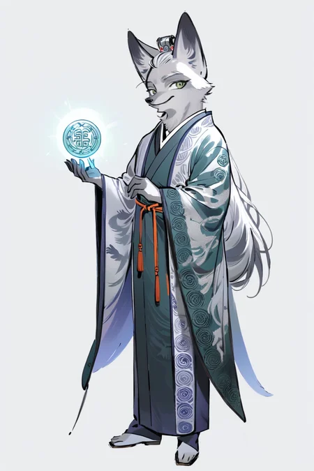 (((masterpiece))),(((best quality))),((ultra-detailed)), solo,ani,
A silver fox holding an antique jade seal, adorned in a silver brocade robe, the seal engraved with mysterious runes, emanating an ancient aura.
white background, full body,Role concept design, <lora:InkAni-000010:0.8>