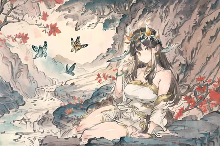 (best quality:1.4), anime, solo, large breasts, thick thighs, brown eyes, sitting, ankle bracelet, waterfall, river, rocks, mountains, ((sunbeam)), flower crown, beautiful detailed face, butterflies, birds