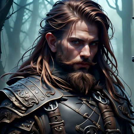 (masterpiece:1.2), (best quality,:1.2), 8k, HDR, ultra detailed, ((photorealistic)), perfect anatomy, professional light, cinematic lighting, ambient lighting, <lora:detail_slider_v4:1>, epic medieval fantasy, a (male) criminal, (beard), FaRo, <lora:FantasyRogues-10:1>, black leatherarmor, belt, cloak, in a dark forest, FaFo, <lora:FantasyForest-10:0.5>, <lora:zoom_slider_v1:1>, <lora:fantasyAI:0.4> tanjoreai, in the style of Tolkien, Middle Earth, epiCPhoto