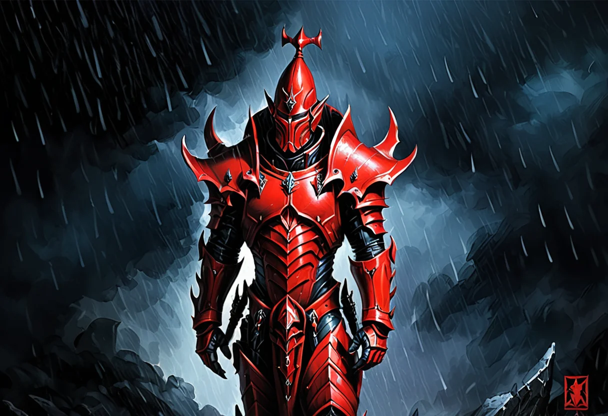(Digital Painting), Dark Eldar Incubus, dynamic pose, black and red armor, helmet, raining, foreboding grimdark background, painterly \(style\), brushstrokes, oil on canvas, expressive, evocative, moody atmosphere, masterpiece, warhammer 40k,
<lora:Drukhari-000006:1>