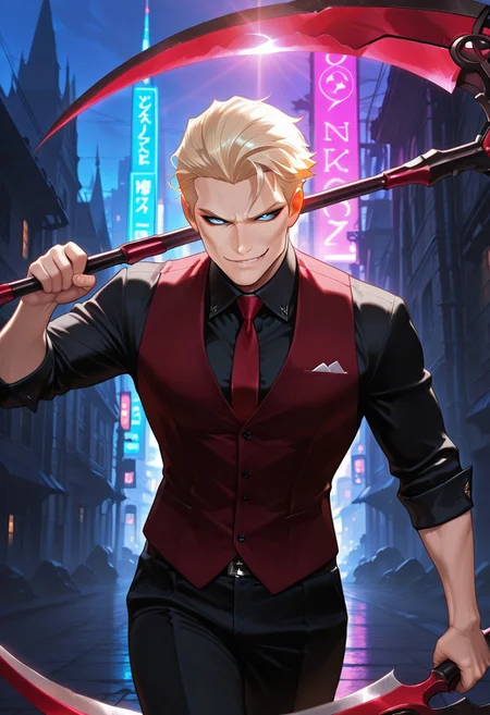 masterpiece ,best quality, amazing quality, Kaleb Kross, blond hair, white sclera, hollow cheeks, narrow cheekbones, wearing a black shirt and red vest, red tie, holding a metal scythe, futuristic scythe, evil smirk, blue eye, stylish and confident expression, futuristic city background, neon background, cinematic lighting, highly detailed, dynamic shading, artstation illustration, semi-realistic style, fantasy-modern vibe, masculine face, from narrow, black pupils,