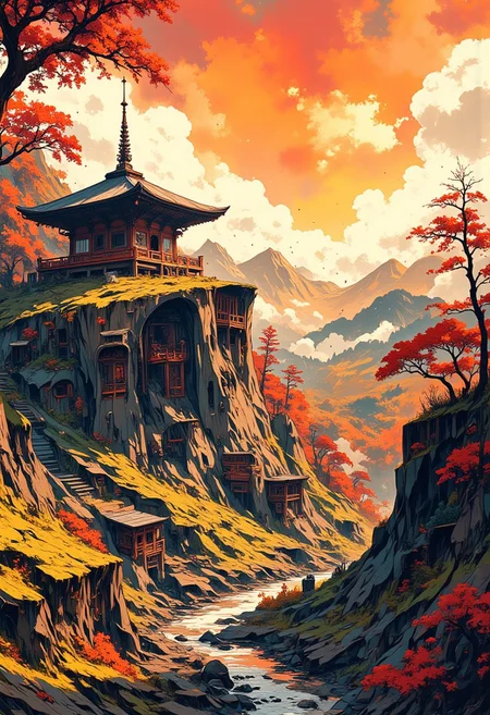 Japanese shrine on a hill overlooking a tranquil woodland stream, rolling hills and woodland, autumn, sunset. Impressionistic anime-style scene, Mixed art style, loose, painterly impressionist brushstrokes for depth and atmosphere, anime-style character details, ligne claire outlines for clarity and structure, In the style of ff-td, sm41l33 comic.