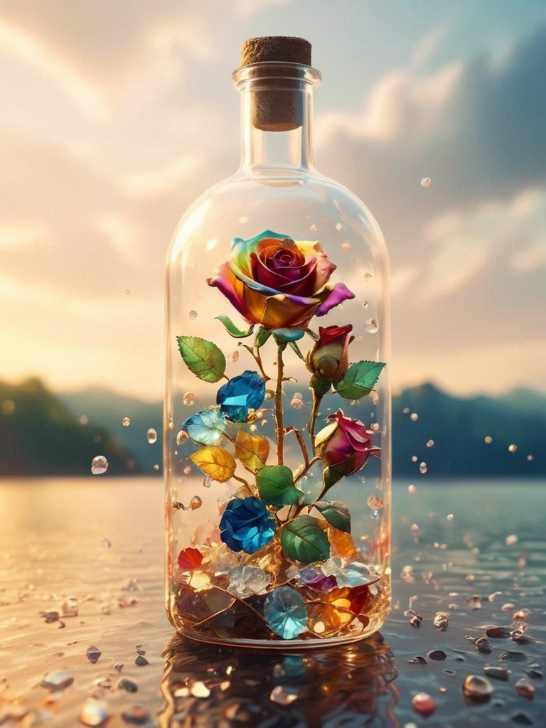 an image of, close-up,  flowers MD_Jewelry,CN_SP style,the gem and Diamond colorful rose in the bottle on the rock near lake,water drop,  gem leaves, golden ,faint light, front view ,film <lora:0210_rose-checkpoint-6000:0.7>  <lora:20240205_spring_dragon_checkpoint-4000:0.7>