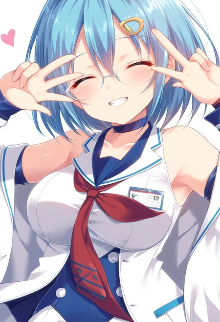 score_9, score_8_up, score_7_up, source_anime, (nsfw:1.0), BREAK,
mitsumomo style,
1girl, solo, nico, /(dead or alive)/, (large breasts), blue hair, hair ornament, green eyes, glasses,
choker, white shirt, collarbone, turtleneck, detached sleeves, bare shoulders, sleeveless, labcoat,
smile, closed eyes, teeth,
v sign, hands near by own face,
angle:random, (face shot), (close up face),
graduation background, (heart),