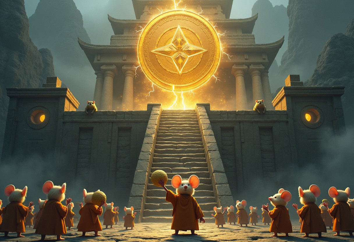A dramatic, ancient stone temple stands high on a mountaintop, shrouded in mist. At the top of a long staircase, a massive golden buzz coin hovers above a sacred altar, crackling with electric energy.
A group of tiny mice dressed as monks have gathered, performing a mysterious ritual. One mouse, standing at the front, is dramatically lifting a single peanut toward the altar as if making an offering. The other mice watch in absolute suspense.
In the background, an enormous cat looms behind the temple entrance, peeking in with hungry eyes—clearly not here for the buzz.