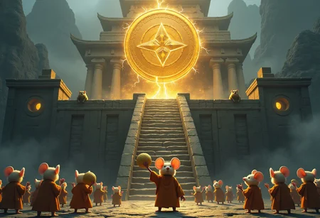 A dramatic, ancient stone temple stands high on a mountaintop, shrouded in mist. At the top of a long staircase, a massive golden buzz coin hovers above a sacred altar, crackling with electric energy.
A group of tiny mice dressed as monks have gathered, performing a mysterious ritual. One mouse, standing at the front, is dramatically lifting a single peanut toward the altar as if making an offering. The other mice watch in absolute suspense.
In the background, an enormous cat looms behind the temple entrance, peeking in with hungry eyesâclearly not here for the buzz.