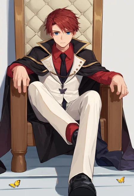 score_9, score_7_up, source_anime, uncensored, 1boy, solo,
<lora:spushiromiyaBattlerXLPony:1> ushiromiyadef, blue eyes, black necktie, formal, suit, red shirt, collared shirt, jacket, cape, sitting, throne, butterfly