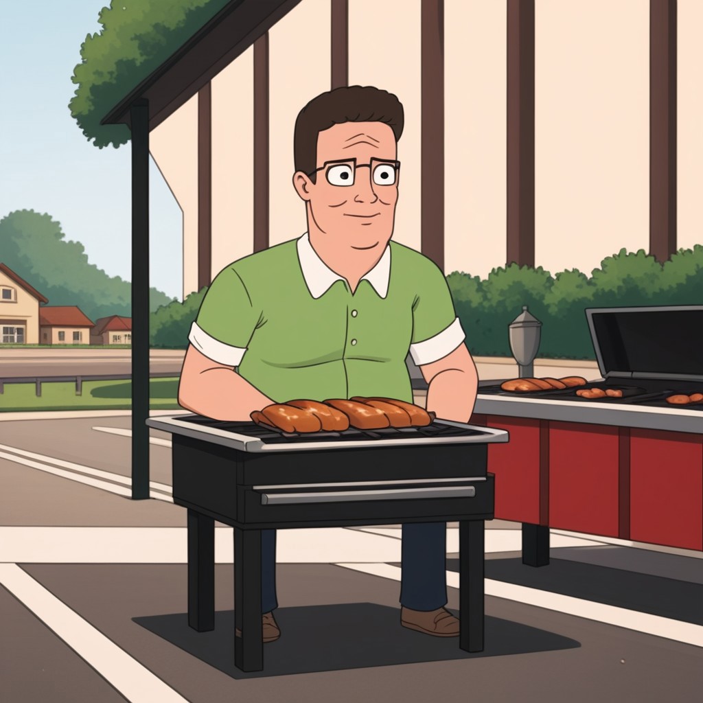 hank hill standing at a barbecue grill, outdoors on a sunny day, ((a giant propane molecule floats in the air)),